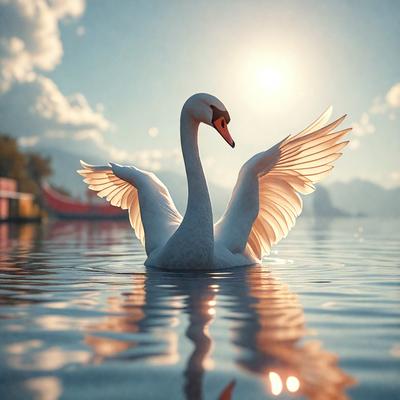 The primary subject of the image is a white swan floating on a body of water. The swan is spreading its wings, creating a beautiful and serene scene. The setting is a lake or a pond, with a mountain visible in the background. The visual style of the image is a combination of photo and digital art, creating a realistic yet artistic representation of the swan. The colors and mood of the image are predominantly white and calm, reflecting the tranquility of the swan and its natural